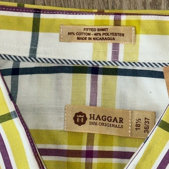 HAGGAR Men’s White/Yellow plaid long sleeve button down shirt - Picture 3 of 5